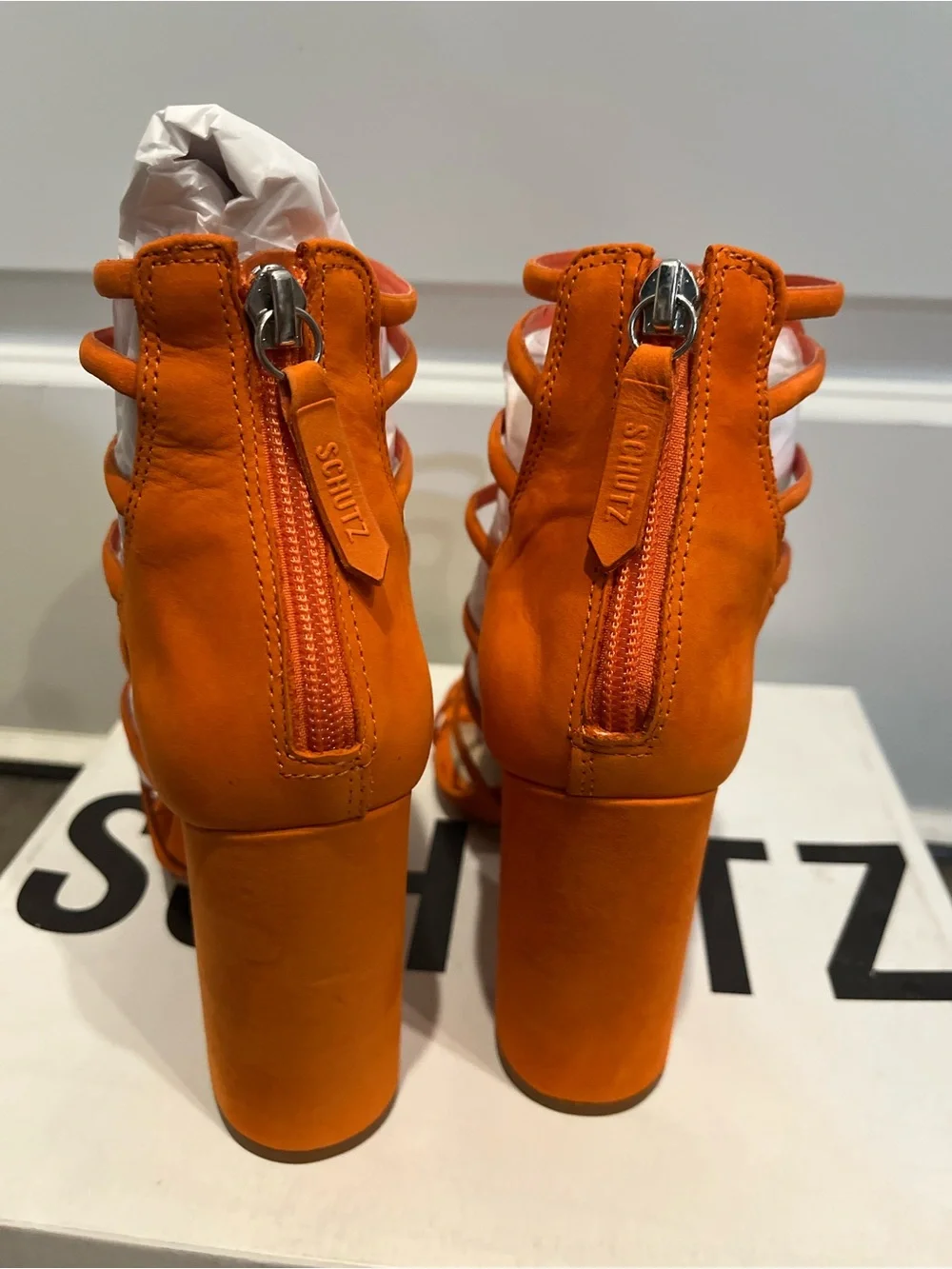 Schutz Julianna Orange Suede Gladiator Block Heels Sandals Sz 6.5